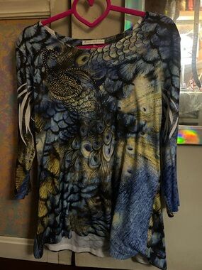 JM Collection Blue & Yellow Peacock-Print Long Sleeve Top